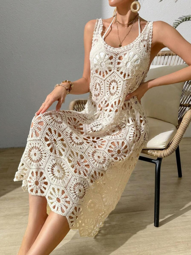 3D Floral Knit Deep V Lace-Up Backless Midi Slip Dress | Women Summer Beach & Dating Outfit