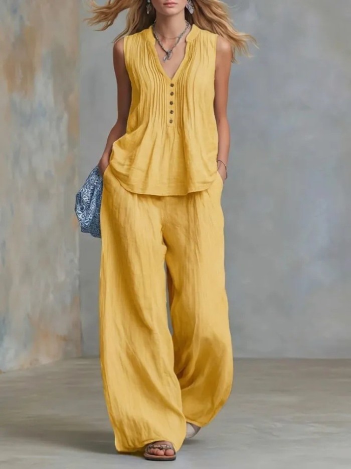 V-Neck Sleeveless Vest & Elastic Waist Pants Two Piece Summer Outfit