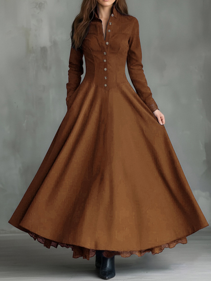 French Retro Turn-Down Collar Suede Lace High Waist Long Sleeve Maxi Swing Dress | Elegant Boho Women Outfit