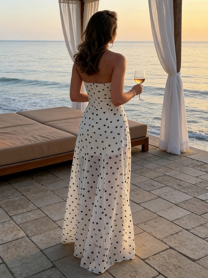 Elegant Off Shoulder Sleeveless Polka Dot High Waist A-Line Long Dress For Summer Daily