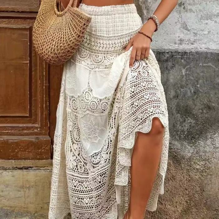 Bohemian Hollow Lace High Waist Wide Umbrella Skirt | Women Vacation Casual Bottom