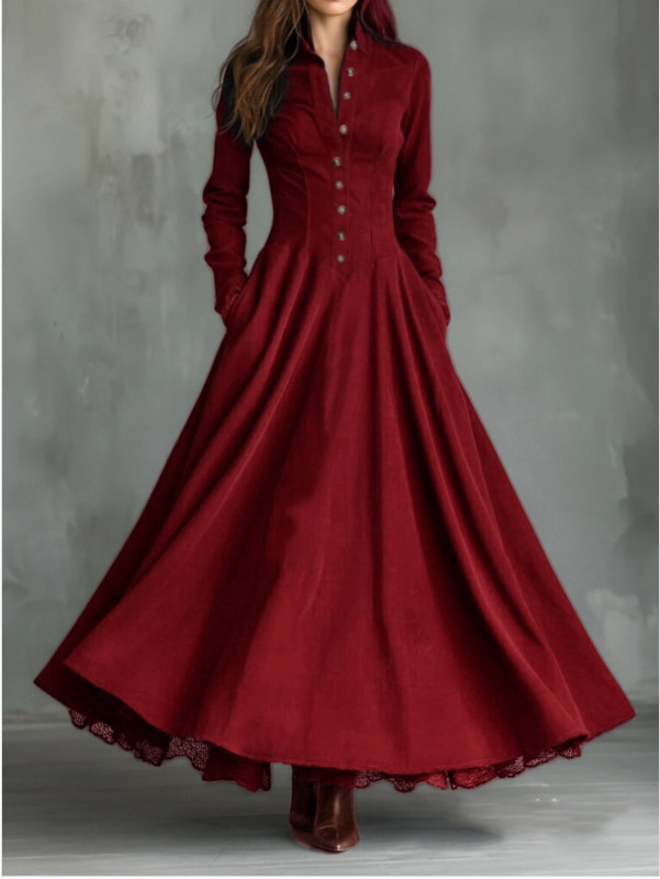 French Retro Turn-Down Collar Suede Lace High Waist Long Sleeve Maxi Swing Dress | Elegant Boho Women Outfit