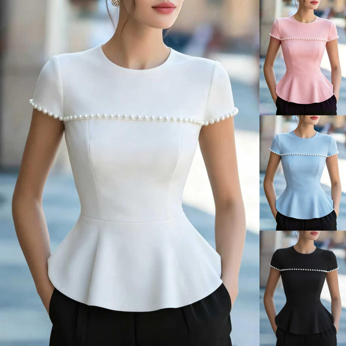 Round Neck Beaded Short Sleeve Cotton Doll Top With Waist Drawstring Skirt Hem For Daily Commute