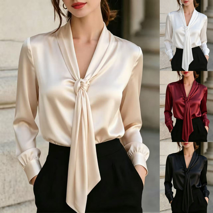 Vintage Lace-Up Long Sleeve Loose White Blouse | Women Commute Daily Top