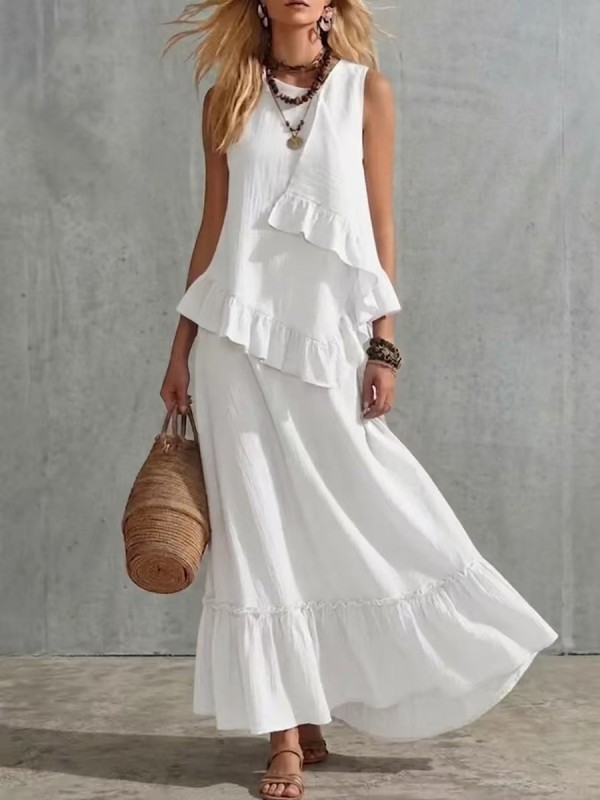 Irregular Lace Cotton Linen Skirt Two Piece Set | Women Casual Vacation Outfit