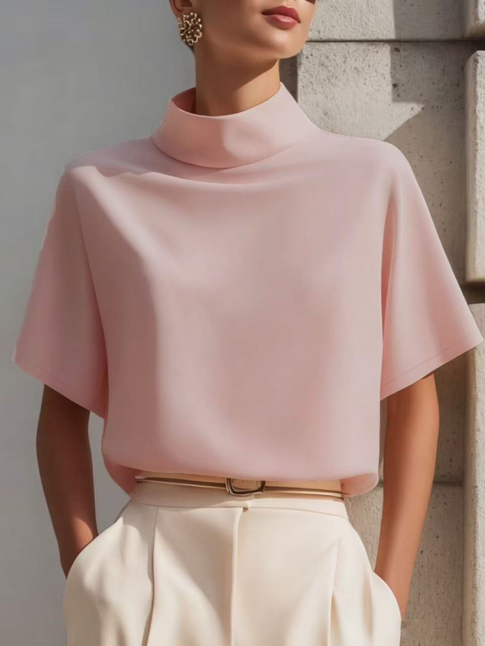Elegant Commuter Stand Collar Short Sleeve Silk Polyester Shirt for Daily Office Wear