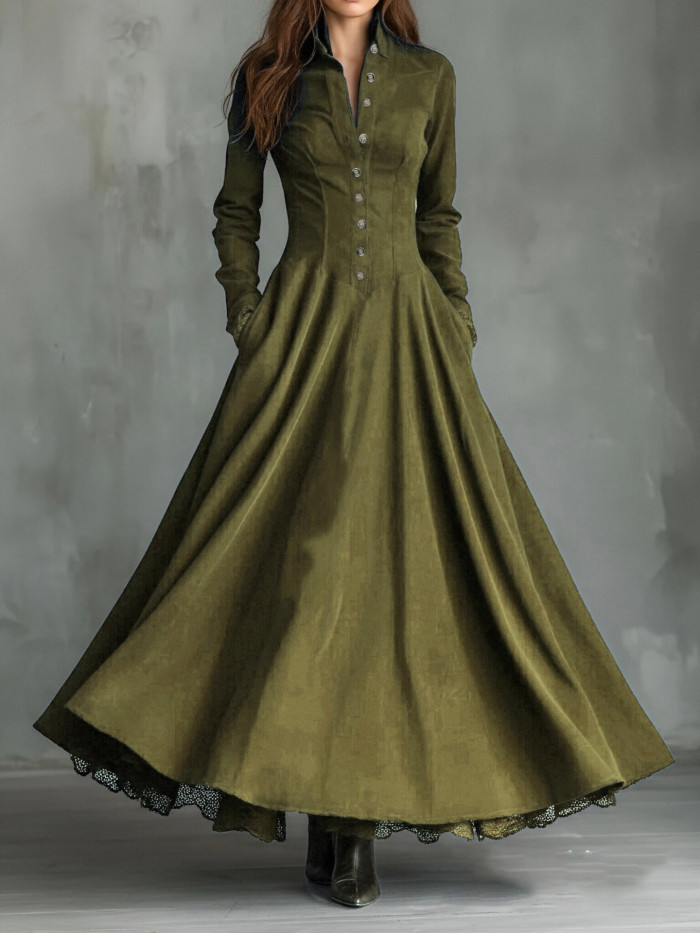 French Retro Turn-Down Collar Suede Lace High Waist Long Sleeve Maxi Swing Dress | Elegant Boho Women Outfit