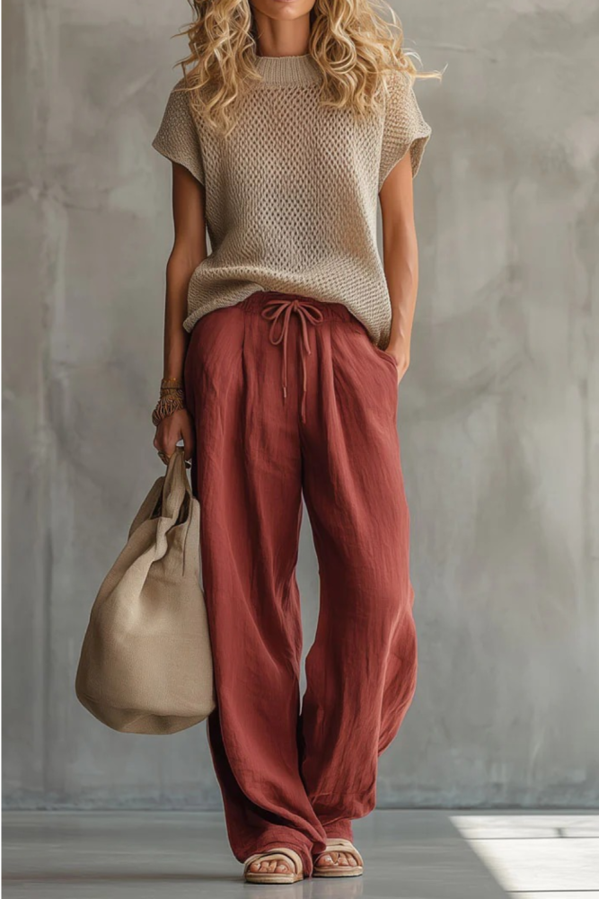 Knitted Pullover Top & Cotton Linen Trousers Two Piece Casual Set