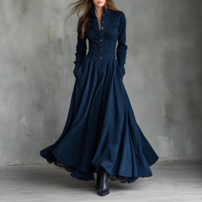 French Retro Turn-Down Collar Suede Lace High Waist Long Sleeve Maxi Swing Dress | Elegant Boho Women Outfit
