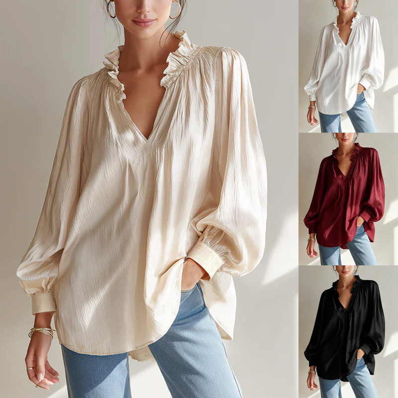 Black White V-Neck Ruffle Long Sleeve Blouse | Elegant Women Daily Tops