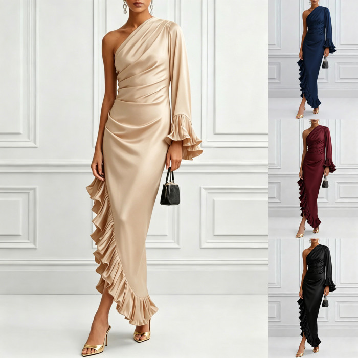 Elegant One Shoulder Lace Hem Slim Long Dress For Party & Street Summer Wear