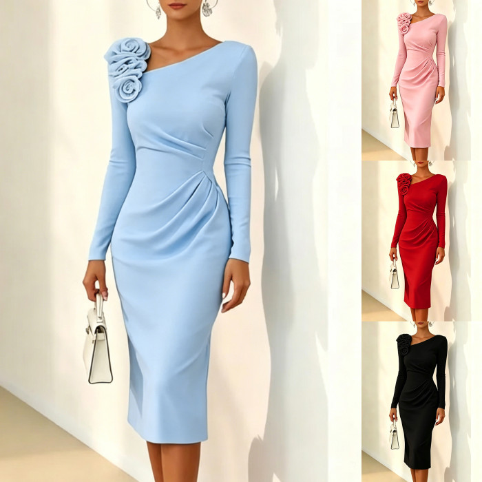 Slim Skew Collar Long Sleeve Pencil Dress With Floral Tie Detail For Summer Daily