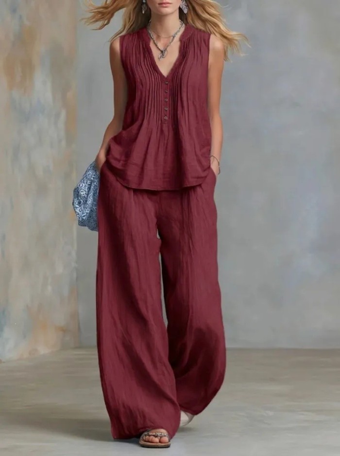 V-Neck Sleeveless Vest & Elastic Waist Pants Two Piece Summer Outfit