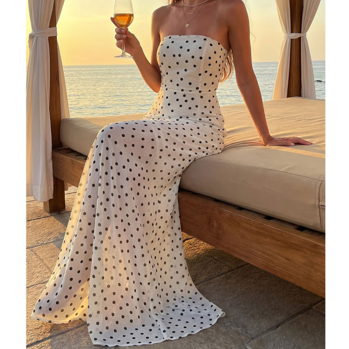 Elegant Off Shoulder Sleeveless Polka Dot High Waist A-Line Long Dress For Summer Daily