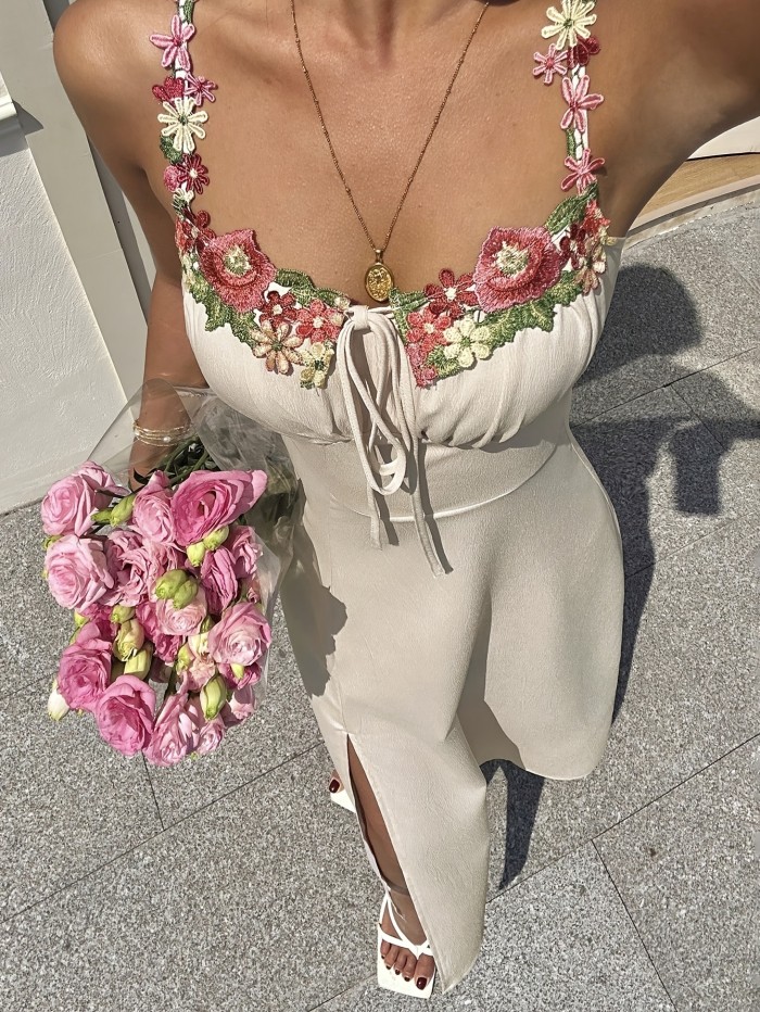 Floral Neck Patch Belted High Waist Slim Maxi Dress | Women Summer Street & Daily Outfit
