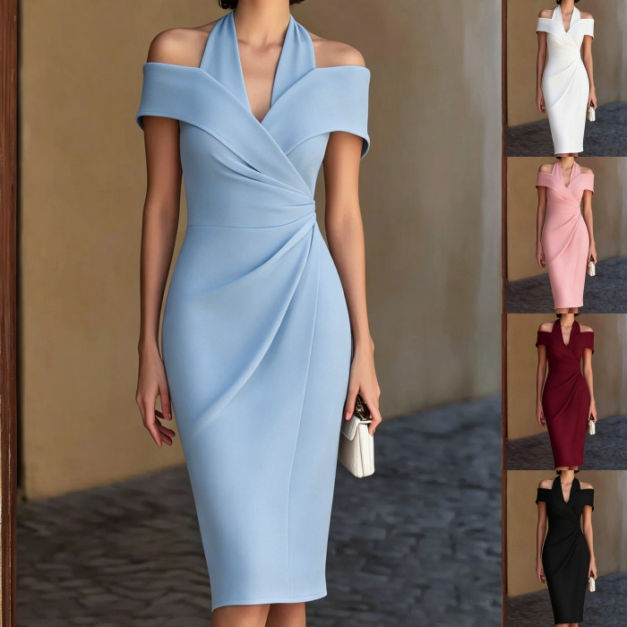 Off Shoulder Sleeveless Pleated Gathered Waist Midi Dress | Elegant Women Party & Daily Outfit