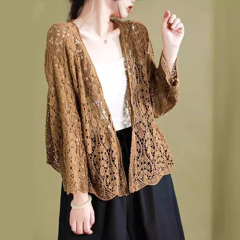 Literary Retro Color-Blocked Hollow Knit Cardigan Shawl | Women Summer Thin Outer Top