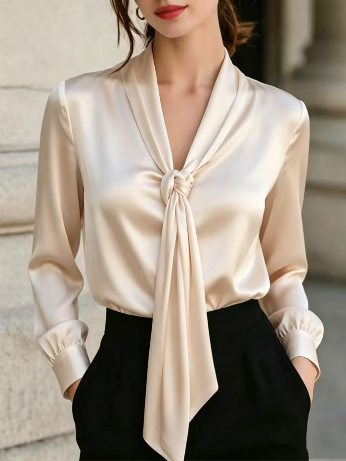 Vintage Lace-Up Long Sleeve Loose White Blouse | Women Commute Daily Top