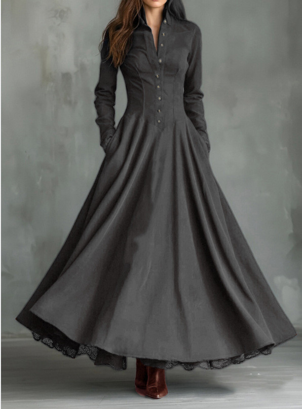 French Retro Turn-Down Collar Suede Lace High Waist Long Sleeve Maxi Swing Dress | Elegant Boho Women Outfit