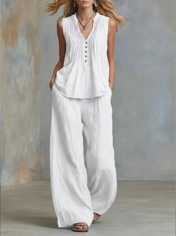 V-Neck Sleeveless Vest & Elastic Waist Pants Two Piece Summer Outfit
