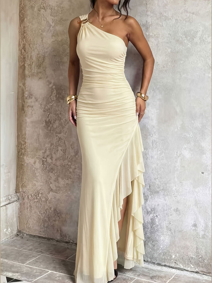 One Shoulder Ruffle Asymmetrical Split Maxi Dress | Sexy Women Nightclub & Party Outfit
