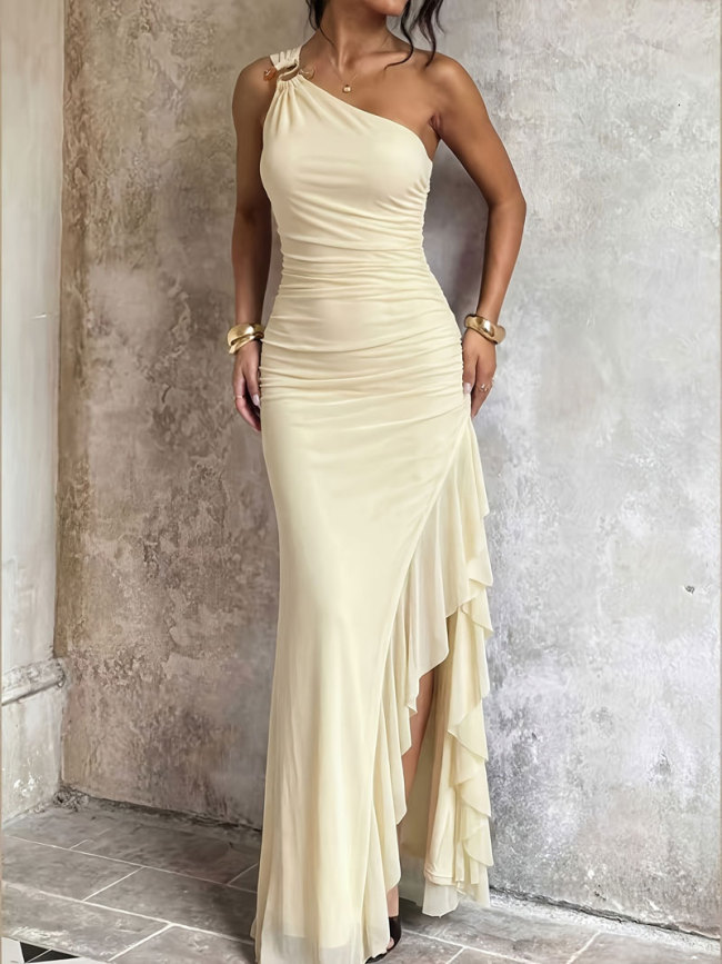 One Shoulder Ruffle Asymmetrical Split Maxi Dress | Sexy Women Nightclub & Party Outfit