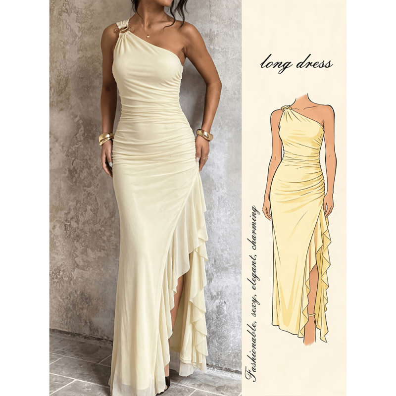 One Shoulder Ruffle Asymmetrical Split Maxi Dress | Sexy Women Nightclub & Party Outfit