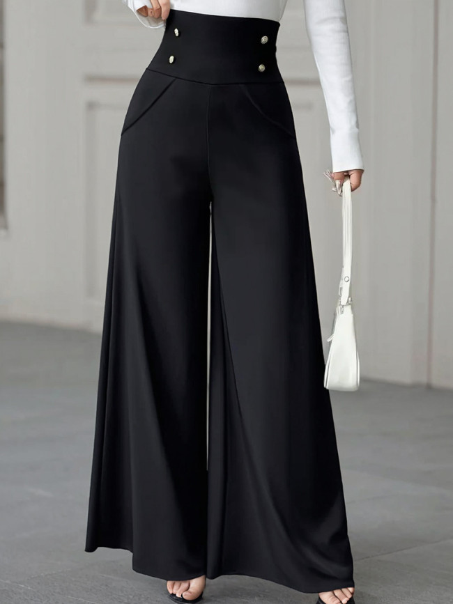 High Waist Black Wide Leg Pants With Pockets | Elegant Women Spring Summer Casual Bottoms