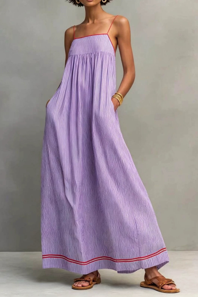 Boho Striped Frill Trim Backless Maxi Dress | Elegant Women Beach & Vacation Outfit