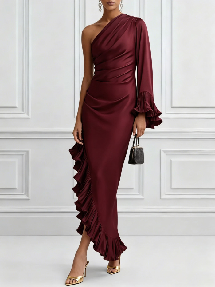 Elegant One Shoulder Lace Hem Slim Long Dress For Party & Street Summer Wear