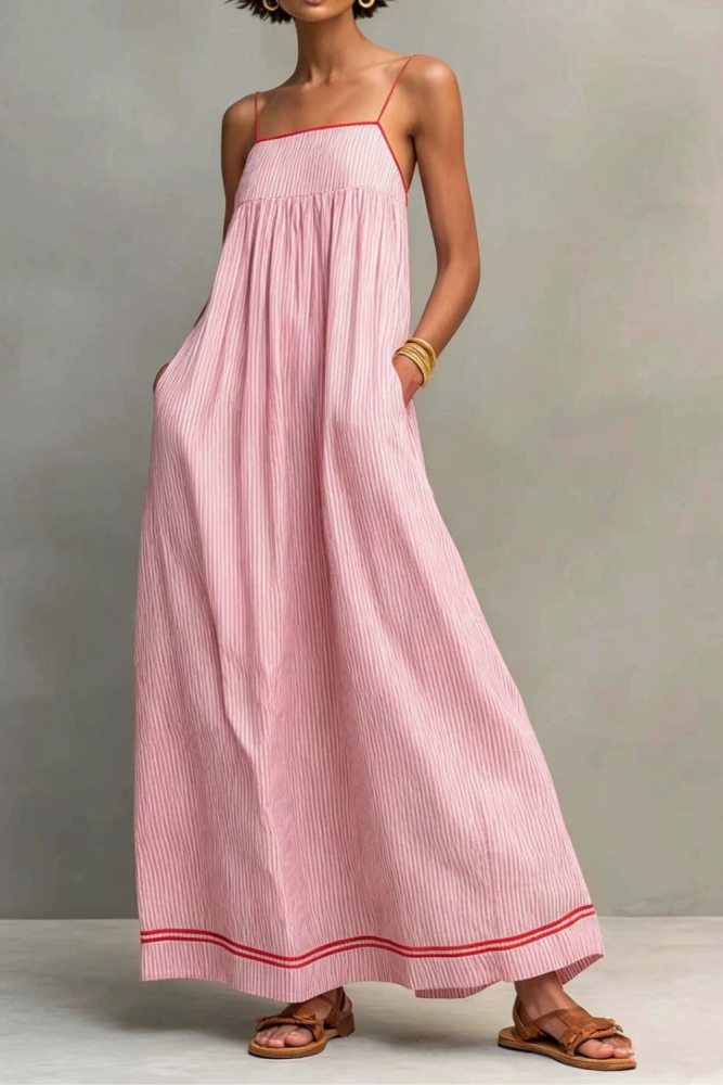 Boho Striped Frill Trim Backless Maxi Dress | Elegant Women Beach & Vacation Outfit
