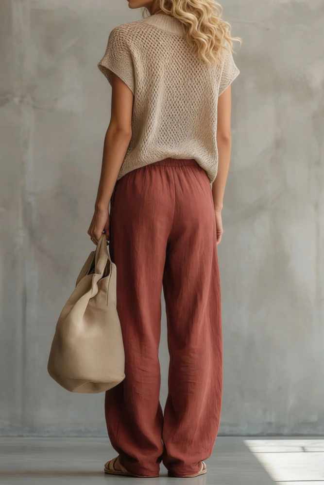 Knitted Pullover Top & Cotton Linen Trousers Two Piece Casual Set