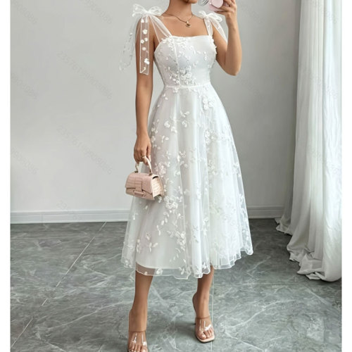 Fairy White Sleeveless Draped Tea-Length A-Line Princess Gown | Elegant Dress For Birthday Parties