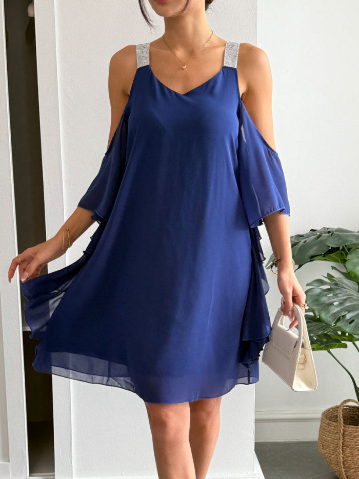 Elegant V Neck Off Shoulder Chiffon Summer Dress For Daily Dating