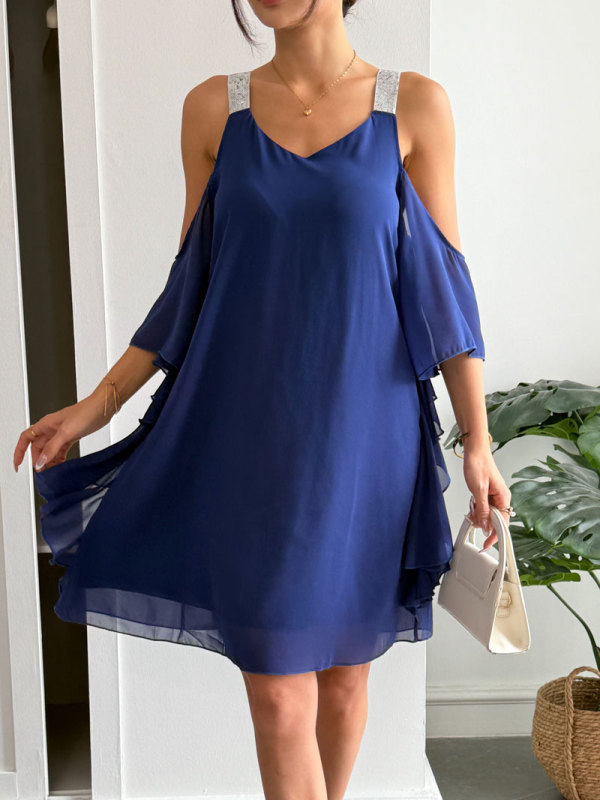 Elegant V Neck Off Shoulder Chiffon Summer Dress For Daily Dating