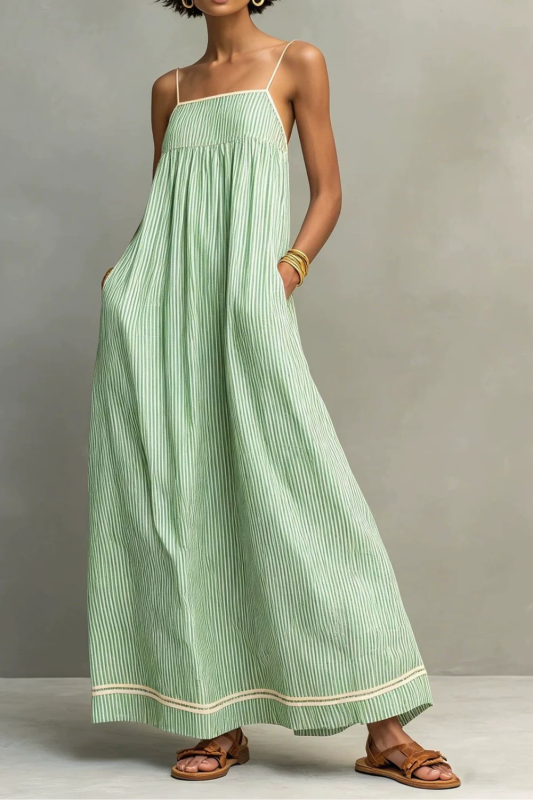 Boho Striped Frill Trim Backless Maxi Dress | Elegant Women Beach & Vacation Outfit
