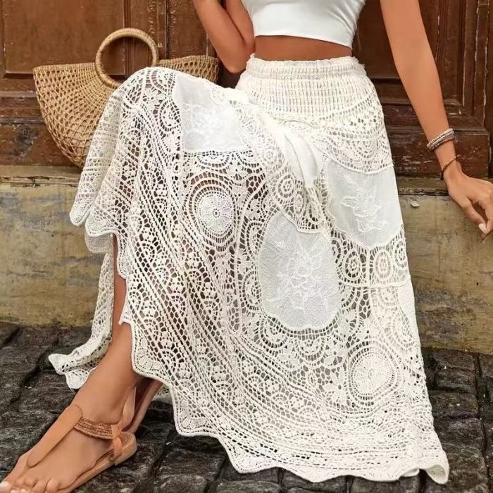 Bohemian Hollow Lace High Waist Wide Umbrella Skirt | Women Vacation Casual Bottom