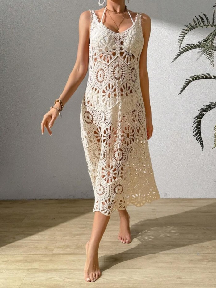3D Floral Knit Deep V Lace-Up Backless Midi Slip Dress | Women Summer Beach & Dating Outfit