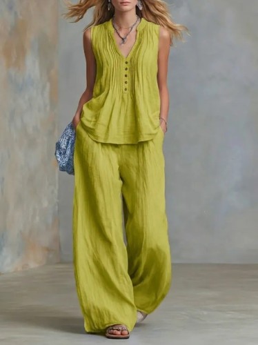 V-Neck Sleeveless Vest & Elastic Waist Pants Two Piece Summer Outfit