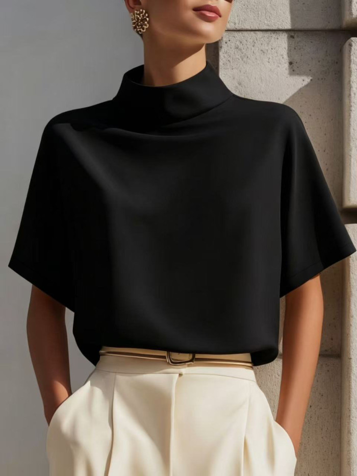 Elegant Commuter Stand Collar Short Sleeve Silk Polyester Shirt for Daily Office Wear