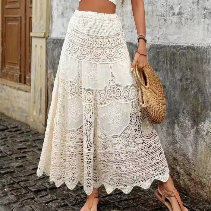 Bohemian Hollow Lace High Waist Wide Umbrella Skirt | Women Vacation Casual Bottom