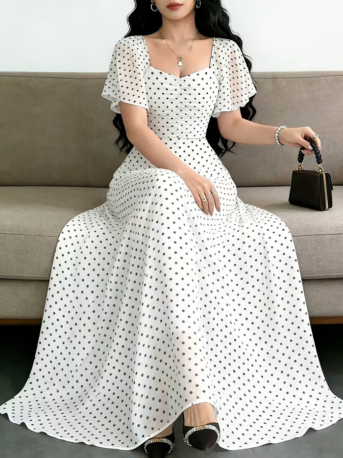Short Sleeve Square Collar Polka Dot A-Line Maxi Dress | Women Summer Daily & Holiday Outfit