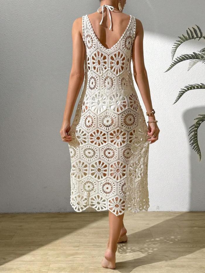 3D Floral Knit Deep V Lace-Up Backless Midi Slip Dress | Women Summer Beach & Dating Outfit