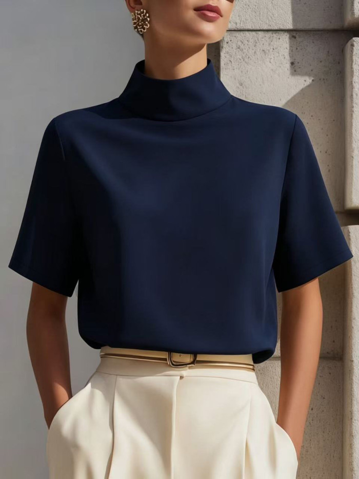 Elegant Commuter Stand Collar Short Sleeve Silk Polyester Shirt for Daily Office Wear