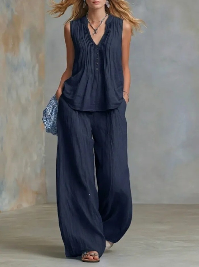 V-Neck Sleeveless Vest & Elastic Waist Pants Two Piece Summer Outfit