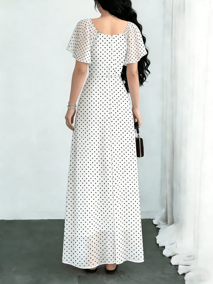 Short Sleeve Square Collar Polka Dot A-Line Maxi Dress | Women Summer Daily & Holiday Outfit