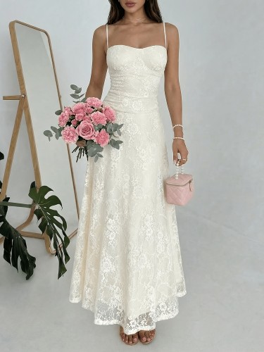 French Romantic Strapless Belted Lace A-Line Maxi Dress | Women Summer Street Elegant Outfit