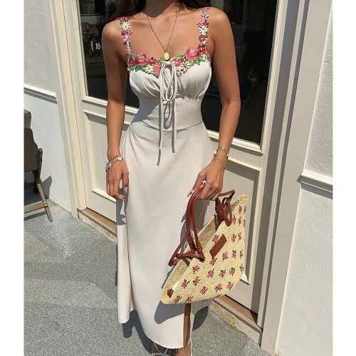 Floral Neck Patch Belted High Waist Slim Maxi Dress | Women Summer Street & Daily Outfit