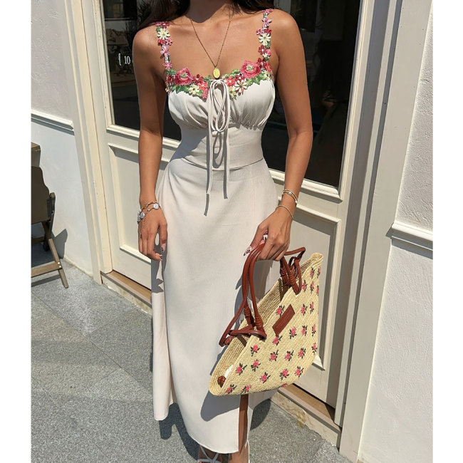 Floral Neck Patch Belted High Waist Slim Maxi Dress | Women Summer Street & Daily Outfit