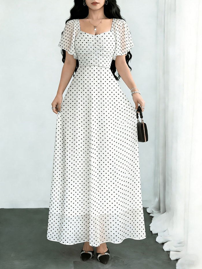 Short Sleeve Square Collar Polka Dot A-Line Maxi Dress | Women Summer Daily & Holiday Outfit